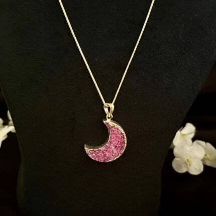 Pink Druzy Crystal Moon Shaped Necklace