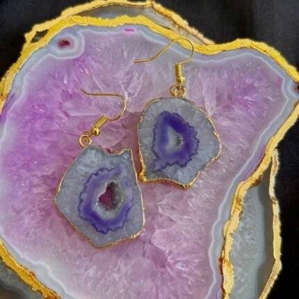 Purple Druzy Agate Slice Earring Set