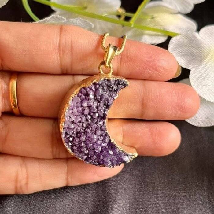 Purple Druzy Crystal Moon Shaped Necklace - Image 5