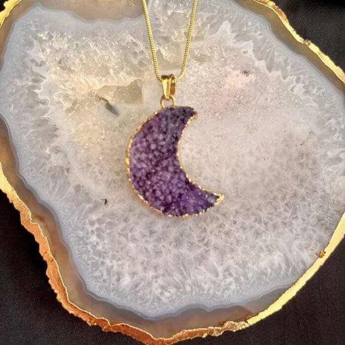 Purple Druzy Crystal Moon Shaped Necklace - Image 2
