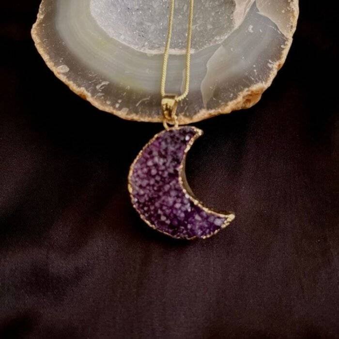 Purple Druzy Crystal Moon Shaped Necklace - Image 4