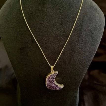Purple Druzy Crystal Moon Shaped Necklace