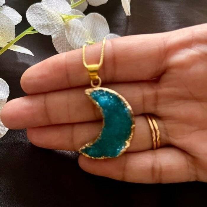 Turquoise Druzy Crystal Moon Shaped Necklace - Image 6