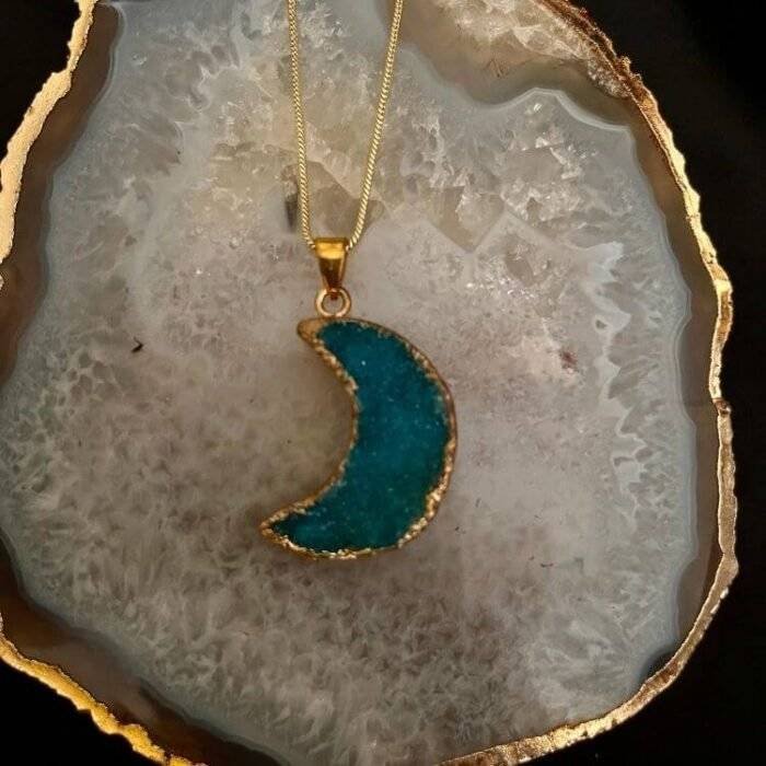 Turquoise Druzy Crystal Moon Shaped Necklace - Image 2