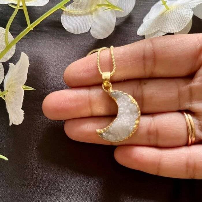 White Druzy Crystal Moon Shaped Necklace - Image 5