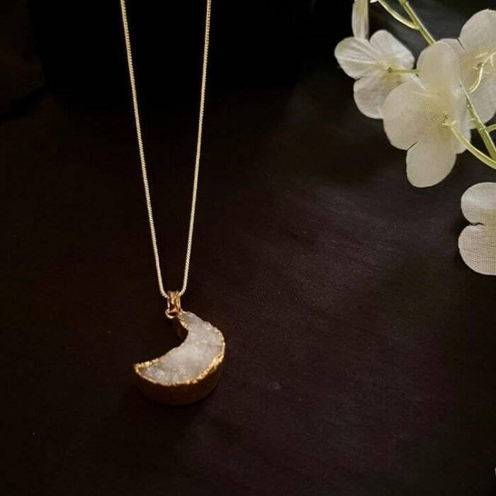 White Druzy Crystal Moon Shaped Necklace - Image 3