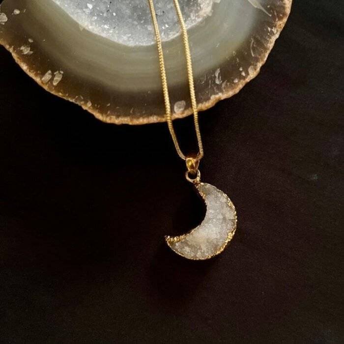 White Druzy Crystal Moon Shaped Necklace - Image 2