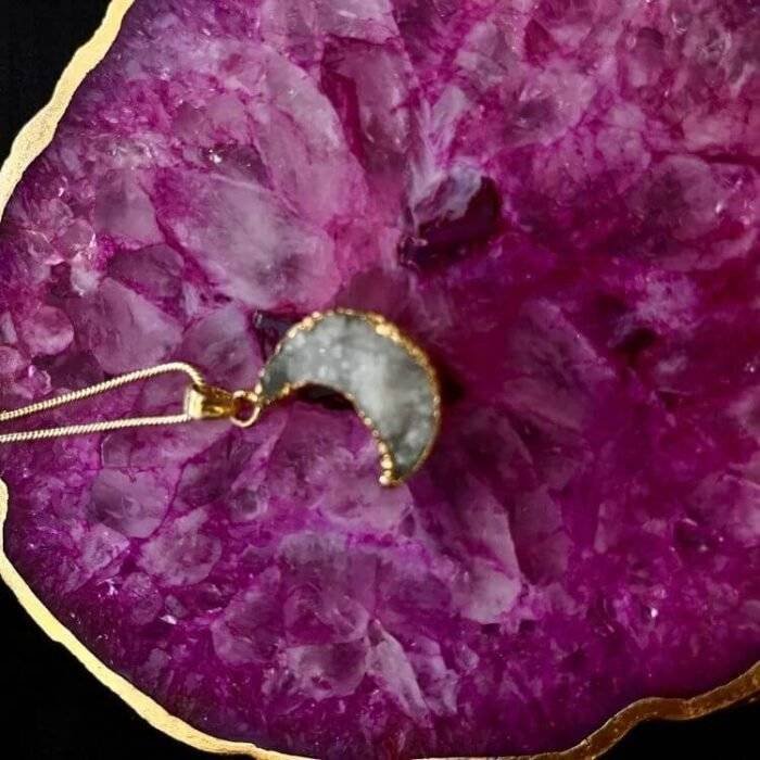 White Druzy Crystal Moon Shaped Necklace - Image 4