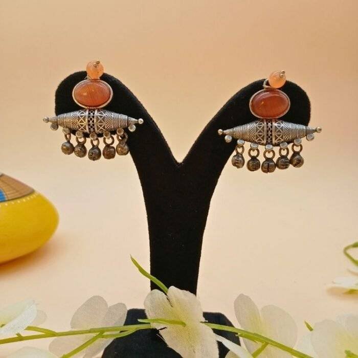Majestic Orange Stone Brass Earring - Image 2