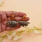 Majestic Orange Stone Brass Earring - Image 3