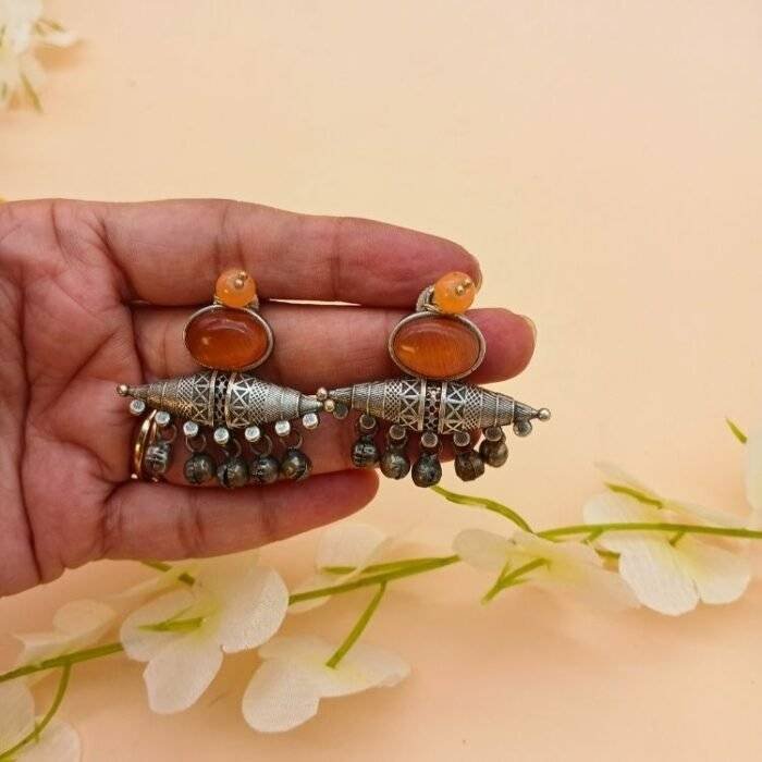 Majestic Orange Stone Brass Earring - Image 3