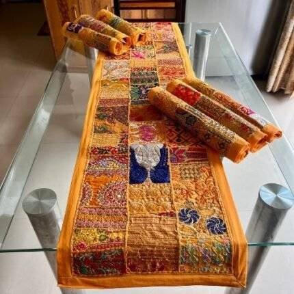 Yellow Artisan Patchwork Delight Table Runner and 6 Mats Set