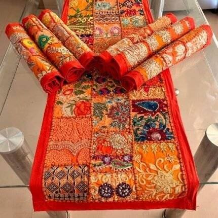 Orange Rustic Stitches Table Runner and 6 Mats Set