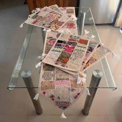 Ivory Elegance Spread Table Runner and 6 Mats Set