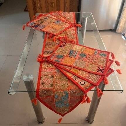 Orange Gulal Breeze Table Runner and 6 Mats Set