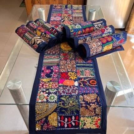 Blue Royal Jharokha Table Runner and 6 Mats Set