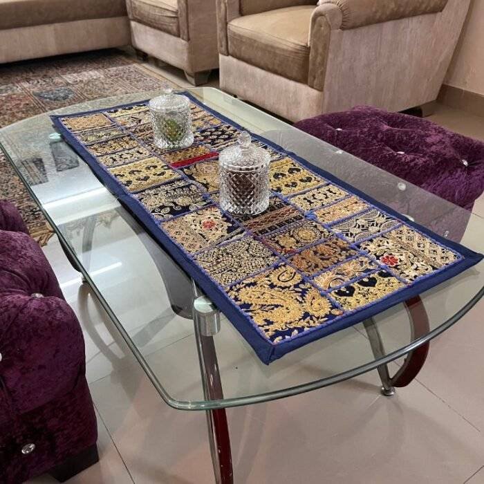 Blue Gold Patchwork Small Table Runner - Image 2