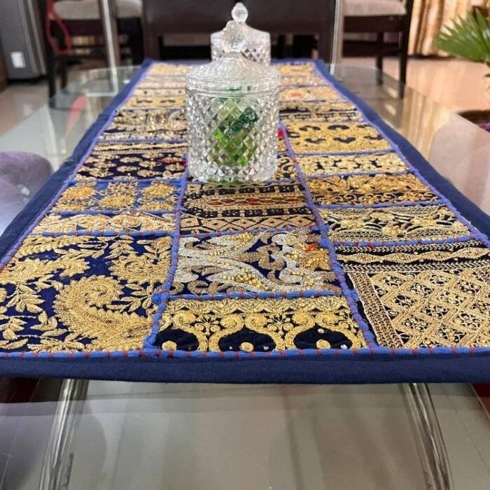 Blue Gold Patchwork Small Table Runner - Image 4