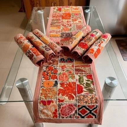 Ember Embroidery Table Runner and 6 Mats Set