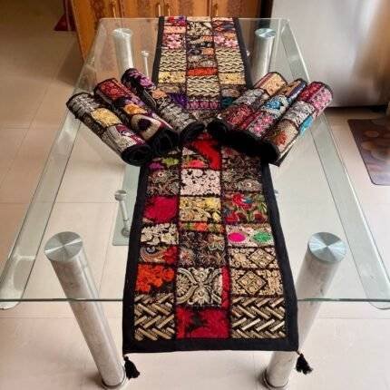 Black Tribal Treasures Table Runner and 6 Mats Set