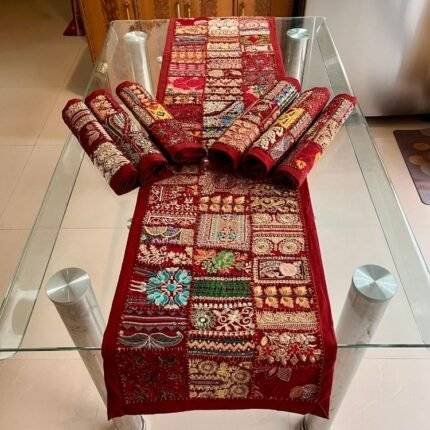 Maroon Table Runner and 6 Mats Set