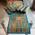 Gold N Turquoise Symphony Table Runner and 6 Mats Set