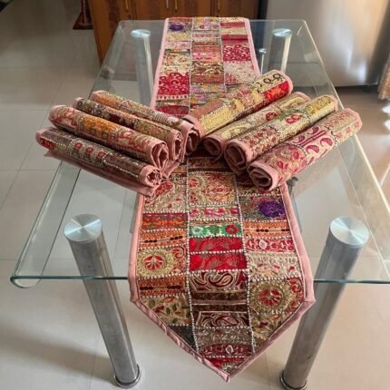 Beige Table Runner and 8 Mats Set