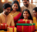 alt_text: A warmly lit photo of a happy Indian family gathered around a festively decorated table with subtly placed gift boxes.