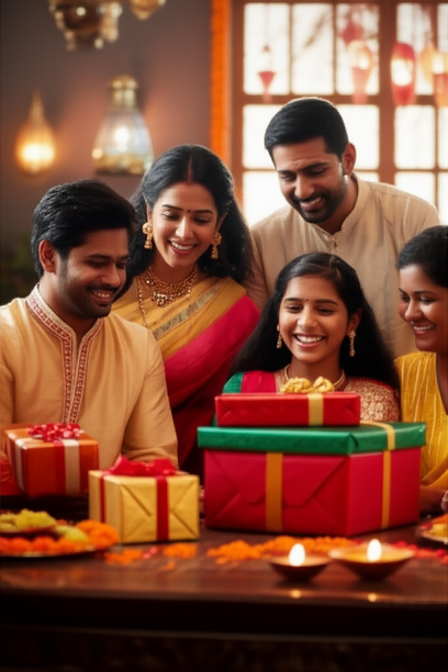 alt_text: A warmly lit photo of a happy Indian family gathered around a festively decorated table with subtly placed gift boxes.