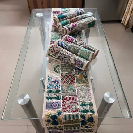 Ivory Green Table Runner and 6 Mats Set