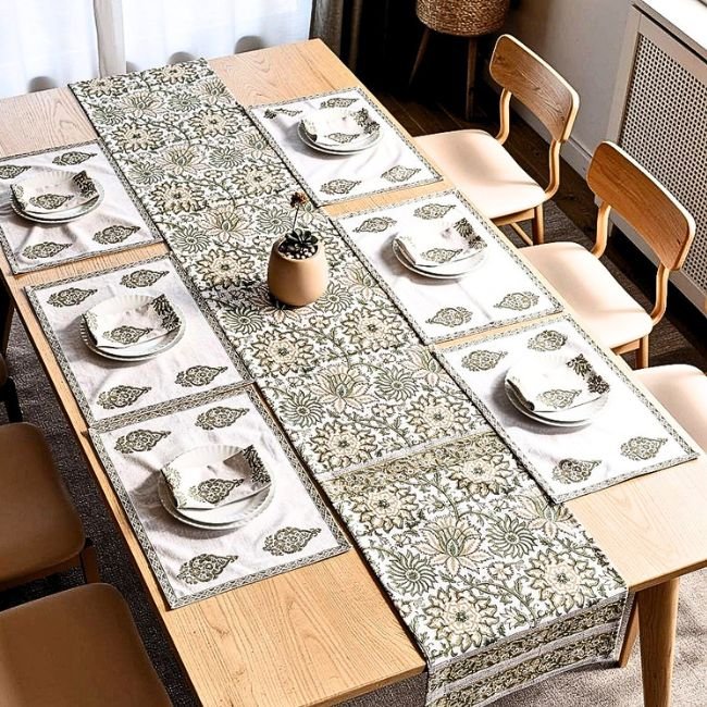 Panna Gulistan Dining Ensemble (7-Piece) 5 Panna Gulistan 7-Piece Dining Table Set (Table Runner and 6 Mats) - Image 1