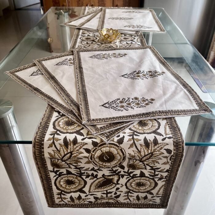 Rajbari Sunehri Buta Dining Ensemble (Table Runner and 6 Mats) - Image 2