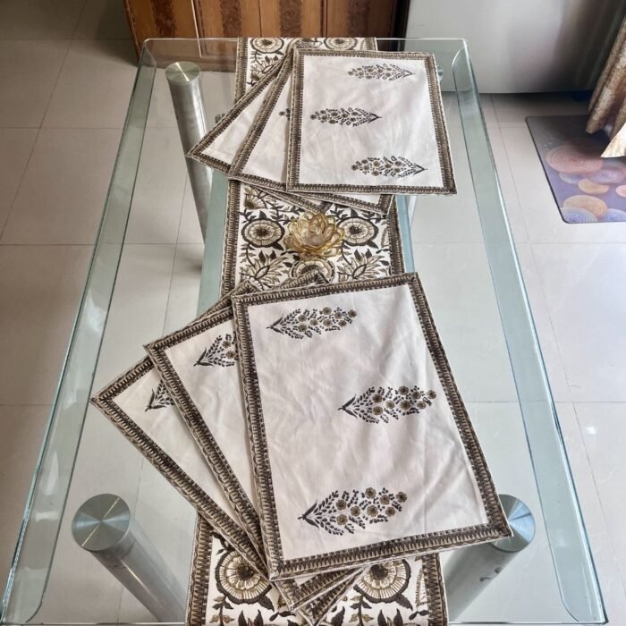 Rajbari Sunehri Buta Dining Ensemble (Table Runner and 6 Mats) - Image 8