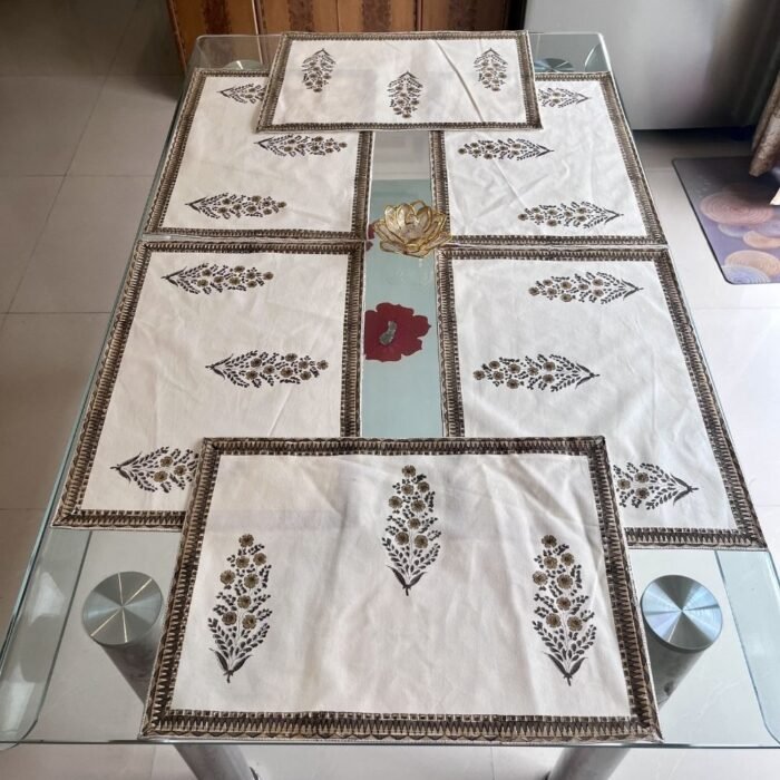Rajbari Sunehri Buta Dining Ensemble (Table Runner and 6 Mats) - Image 7