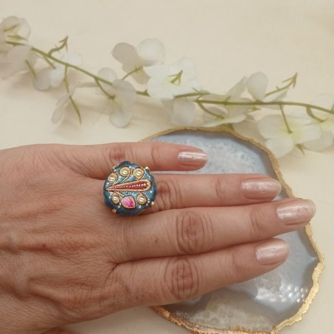 Jaipur Treasure Agate Meenakari Ring 2 Jaipur Treasure Agate Meenakari Ring - Image 1