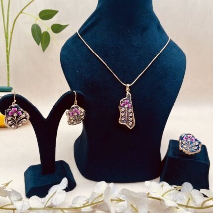 Pink Blossom Meenakari Agate Jewelry Set
