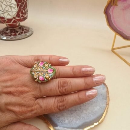 Pink Petal Agate Meenakari Ring