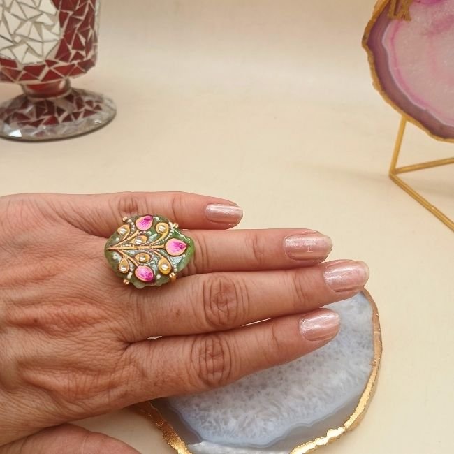 Pink Petal Agate Meenakari Ring 1 Pink Petal Agate Meenakari Ring - Image 1