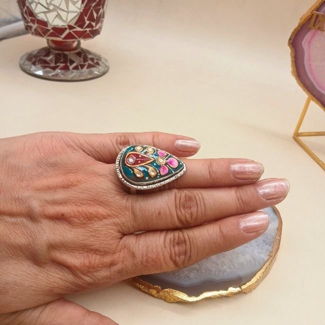 Rajputana Bloom Agate Meenakari Ring 1 Rajputana Bloom Agate Meenakari Ring - Image 1