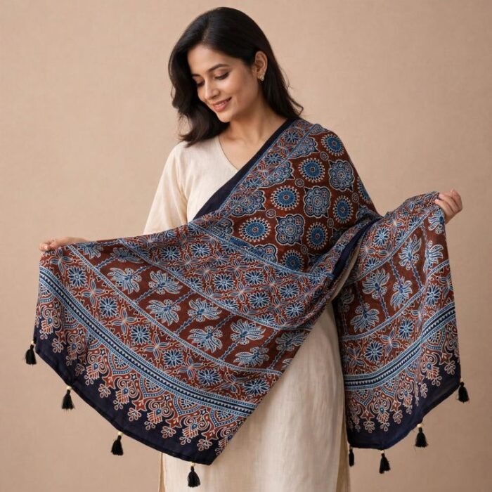 Surmayi Sandhya Ajrakh Modal Silk Stole - Image 5