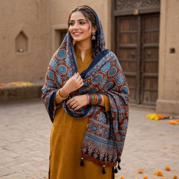 Surmayi Sandhya Ajrakh Modal Silk Stole - Image 4