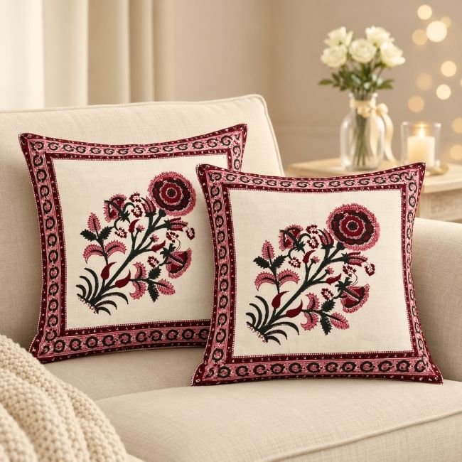 Royal Gulab Cushion Cover 9 Royal Gulab Block Print Cushion Cover Set of 2 - Image 1