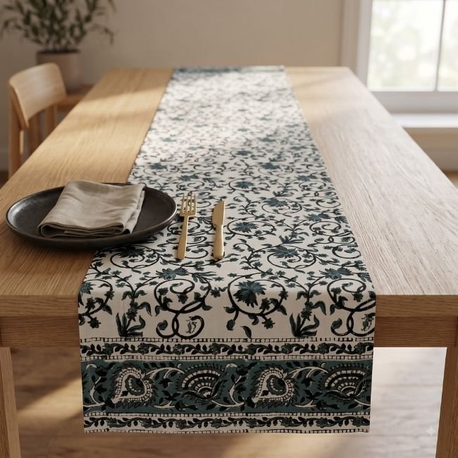 Mehfil Bagh 4 Mehfil Bagh Hand Block Printed Cotton Table Runner - Image 1