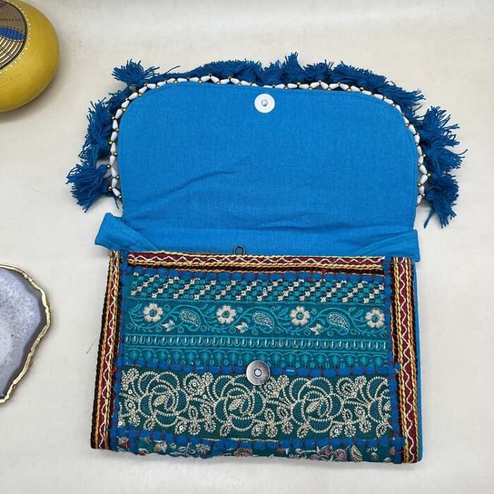 Firozi Bel Banjara Sling Bag - Inside view with magnetic clasp
