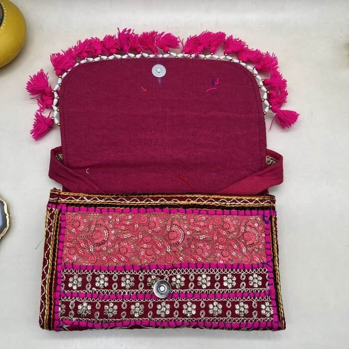 Gulmohar Glow Banjara Sling Bag - Inside view with magnetic clasp