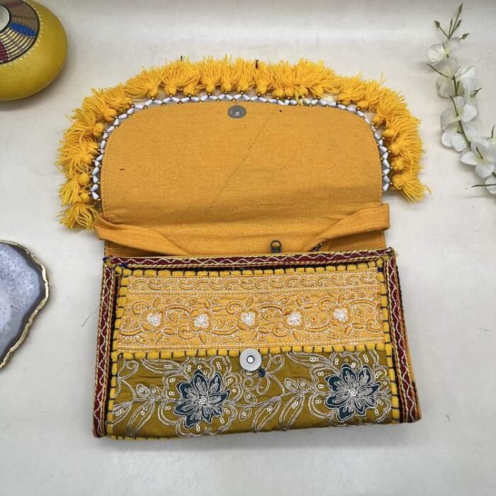 Haldi Leaf Banjara Sling Bag - Inside view with magnetic clasp