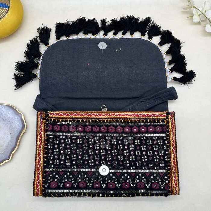 Midnight Mela Banjara Sling Bag - Inside view with magnetic clasp